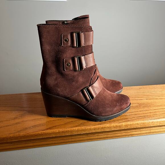 Sorel Womens After Hours Suede Booties Size 8.5 Brown Ankle Wedge Leather Straps - Picture 1 of 7